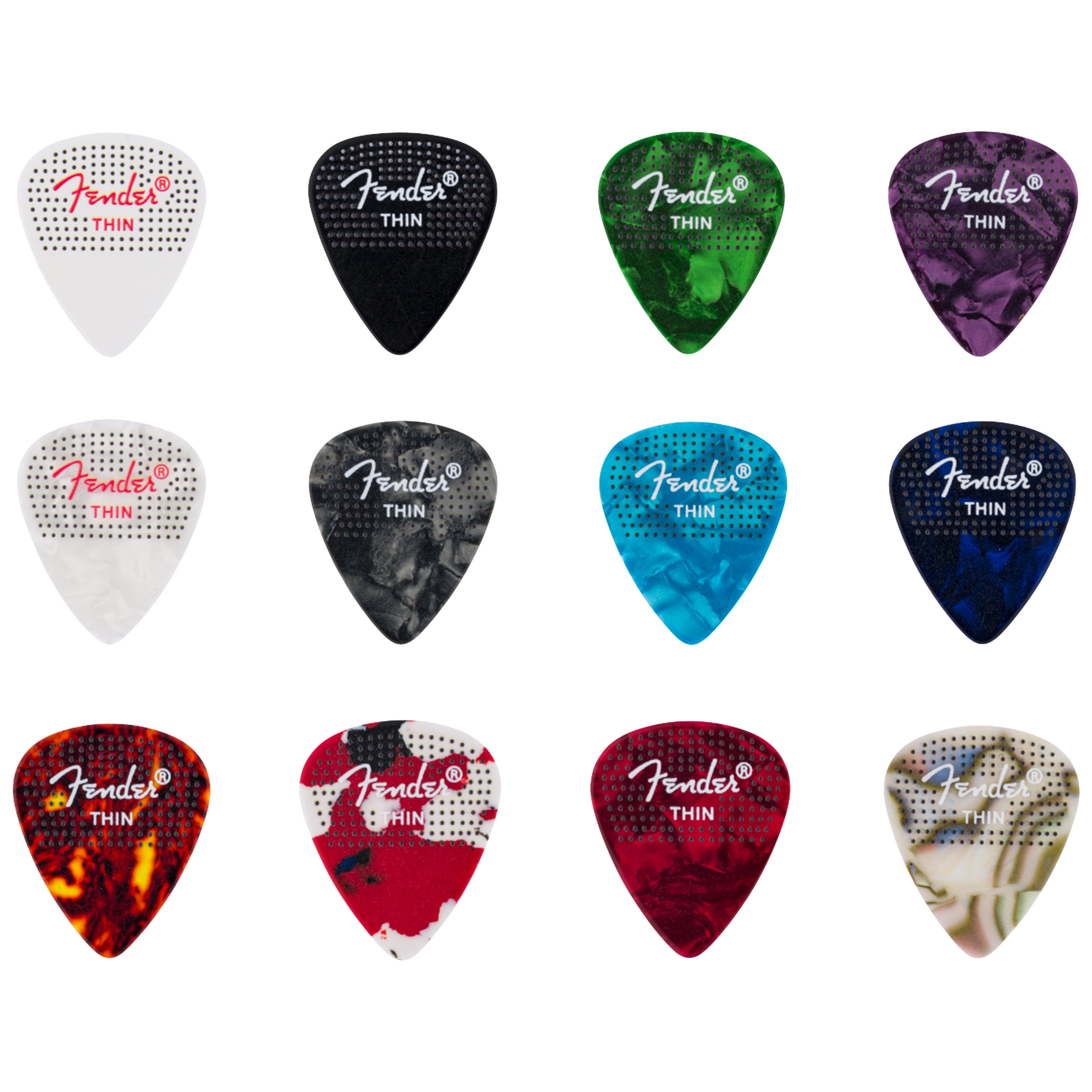 Fender Lot De 12 Médiators Celluloïd Bleu Moto Moyen Style 351 - Boîte Pratique