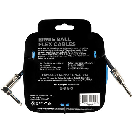 6464 Flex Instrument Cable Straight / Angle Jack 10' Blue 3m Ernie Ball