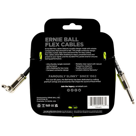 Ernie Ball 6465 Flex Instrument Cable Straight / Angle Jack 10' Green 3m