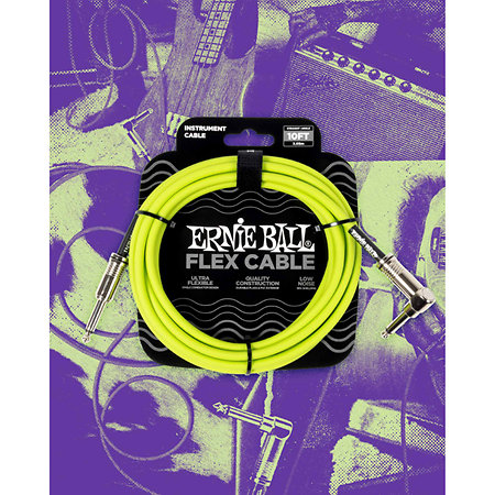 6465 Flex Instrument Cable Straight / Angle Jack 10' Green 3m Ernie Ball