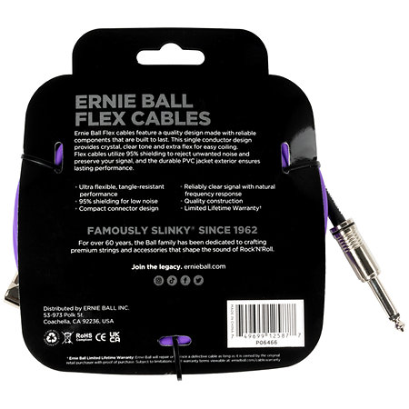 Ernie Ball 6466 Flex Instrument Cable Straight / Angle Jack 20' Purple 6m