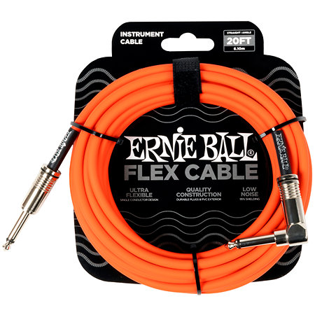 Ernie Ball 6467 Flex Instrument Cable Straight / Angle Jack 20' Orange 6m