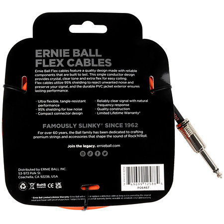 Ernie Ball 6467 Flex Instrument Cable Straight / Angle Jack 20' Orange 6m