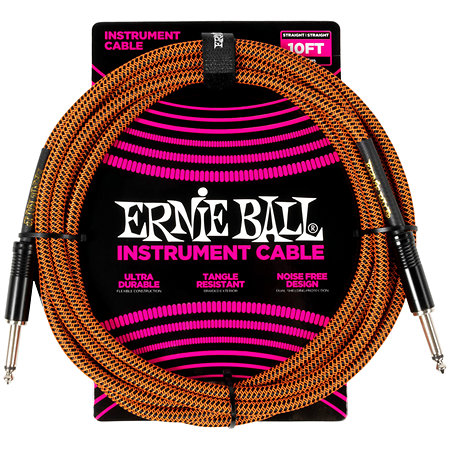 Ernie Ball 6468 Braided Instrument Cable Straight / Straight Jack 10' Black/Orange 3m