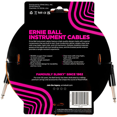 Ernie Ball 6468 Braided Instrument Cable Straight / Straight Jack 10' Black/Orange 3m