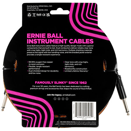Ernie Ball 6469 Braided Instrument Cable Straight / Straight Jack 18' Black/Orange 5,5m