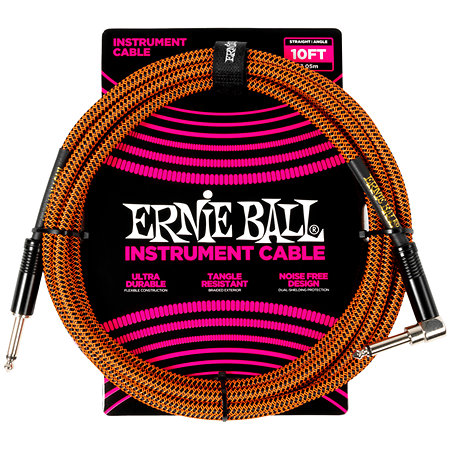 Ernie Ball 6470 Braided Instrument Cable Straight / Angle Jack 10' Black/Orange 3m