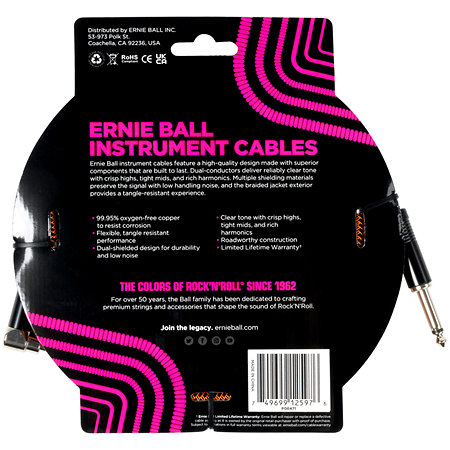 6471 Braided Instrument Cable Straight / Angle Jack 18' Black/Orange 5,5m Ernie Ball