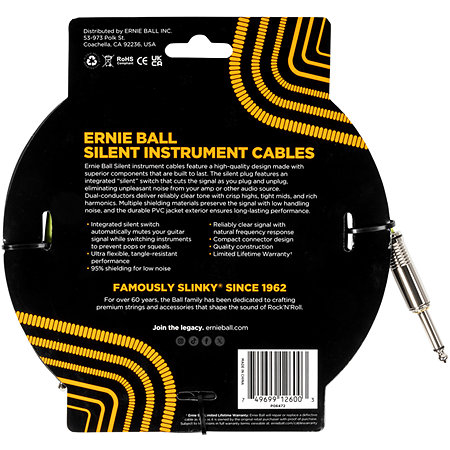 6472 Silent Instrument Cable Straight / Straight Jack 10' Black 3m Ernie Ball