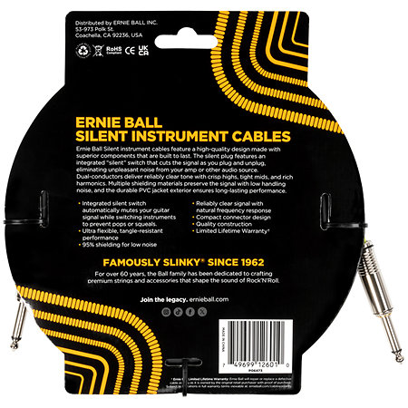 Ernie Ball 6473 Silent Instrument Cable Straight / Straight Jack 20' Black 6m