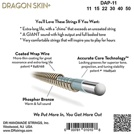 Dragon Skin Phosphore Bronze acoustique guitar Custom Light 11-50 DR Strings