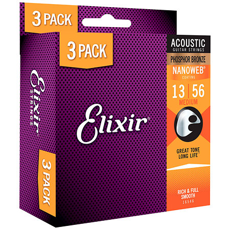 16546 Acoustic Nanoweb 13-56 Medium Pack de 3 jeux Elixir
