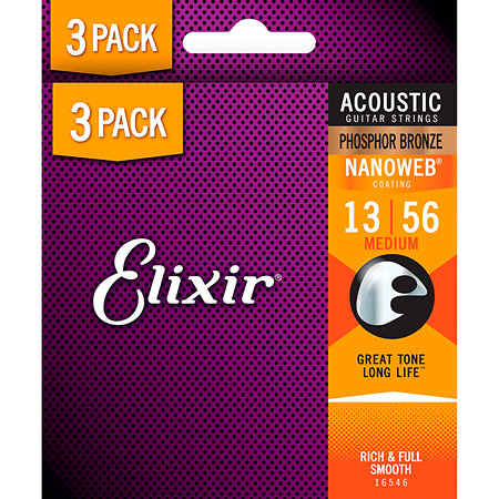 16546 Acoustic Nanoweb 13-56 Medium Pack de 3 jeux Elixir