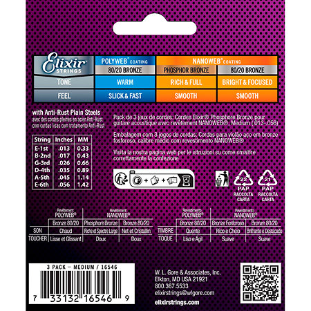 16546 Acoustic Nanoweb 13-56 Medium Pack de 3 jeux Elixir