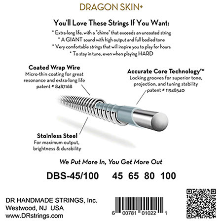 DR Strings Dragon Skin+ Stainless Steel Medium 45-105
