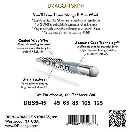 Dragon Skin+ Stainless Steel Medium 5 Cordes 45-125 DR Strings