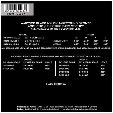 Warwick Black Nylon Tapewound Medium Light Long Scale 040-100