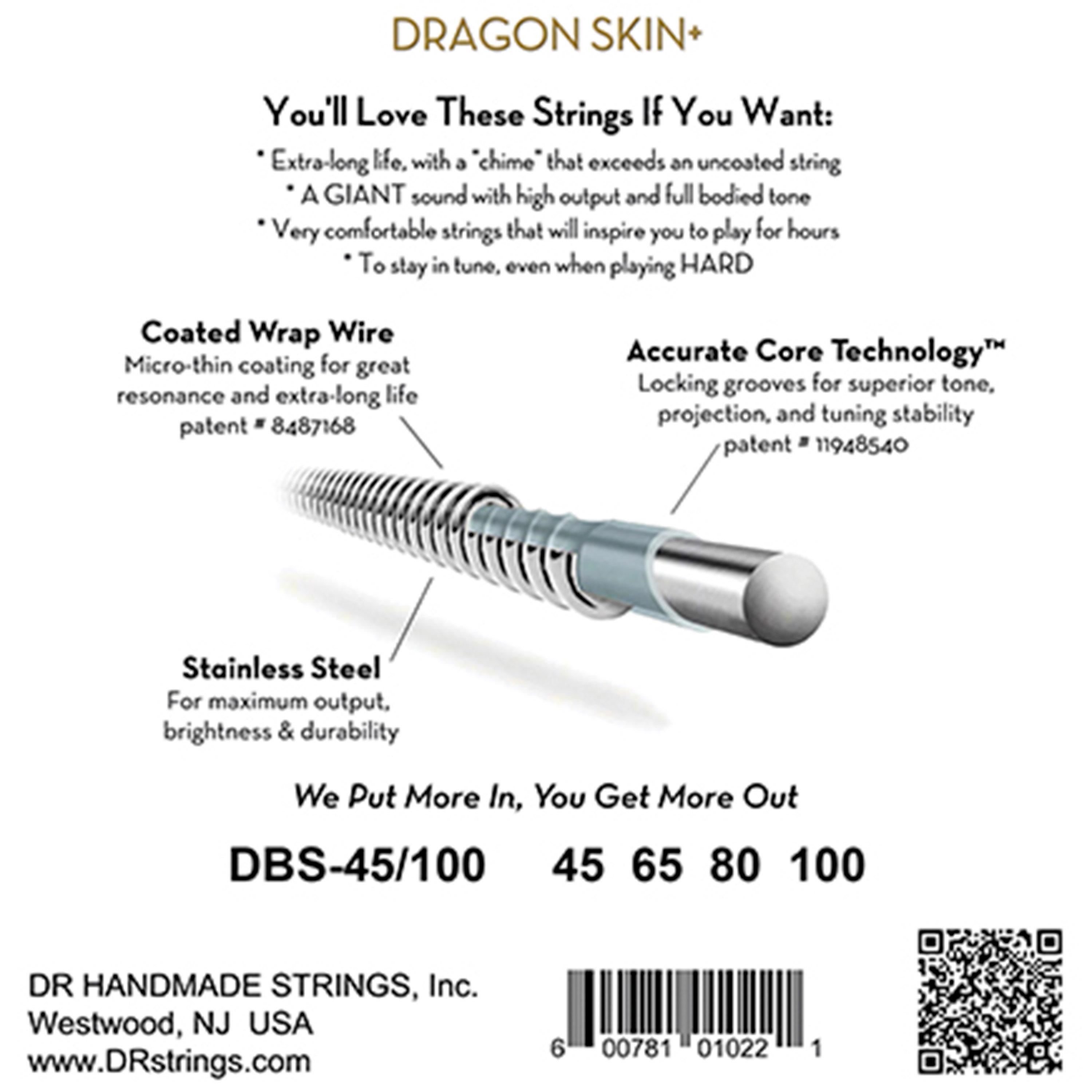 DR Strings Dragon Skin+ Stainless Steel Medium 45-105 - Cordes guitare ...
