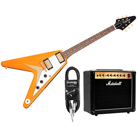 Epiphone Pack 1958 Korina Flying V White Pickguard Aged Natural + DSL5C Combo + Câble Jack Mâle Mono