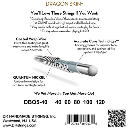 Dragon Skin+ Core Technology Coated Wrap 5 Cordes Light 40-120 DR Strings