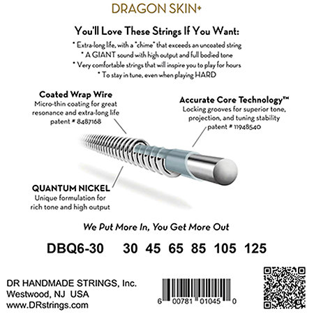 Dragon Skin+ Core Technology Coated Wrap 6 Cordes Medium 30-125 DR Strings