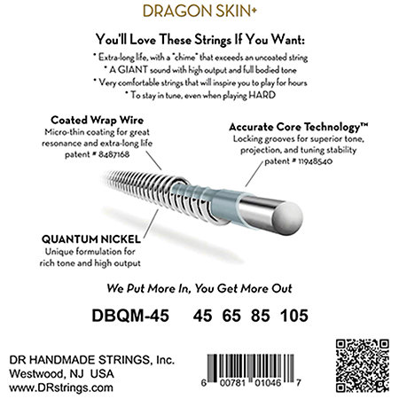 Dragon Skin+ Core Technology Coated Wrap 4 Cordes Medium Multi Scale 45-105 DR Strings
