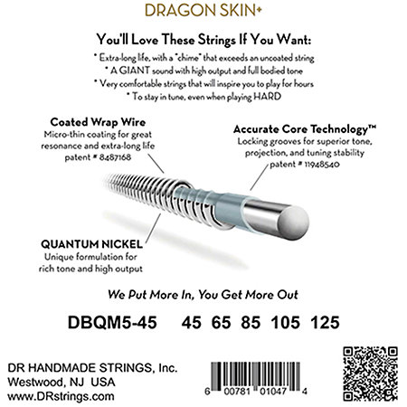 Dragon Skin+ Core Technology Coated Wrap 5 Cordes Medium Multi Scale 45-125 DR Strings
