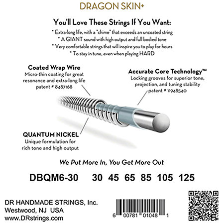Dragon Skin+ Core Technology Coated Wrap 6 Cordes Medium Multi Scale 30-125 DR Strings