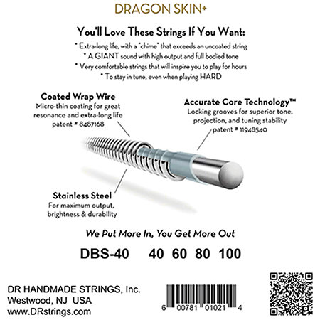 Dragon Skin+ Core Technology 4 Cordes Light 40-100 DR Strings