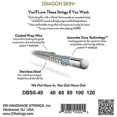Dragon Skin+ Core Technology 5 Cordes Light 40-120 DR Strings