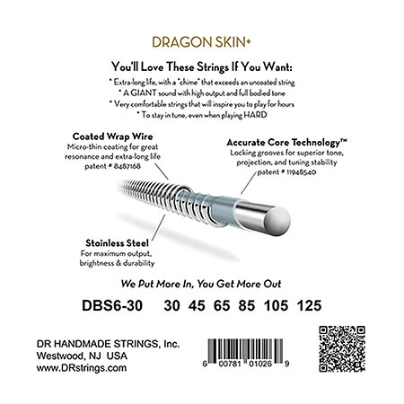 Dragon Skin+ Core Technology 6 Cordes Medium 30-125 DR Strings