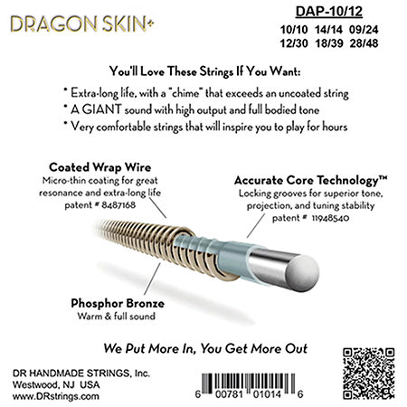 Dragon Skin+ Phosphore Bronze 12 Cordes Extra Light 10-48 DR Strings