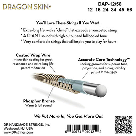Dragon Skin+ Phosphore Bronze 6 Cordes Bluegrass 12-56 DR Strings