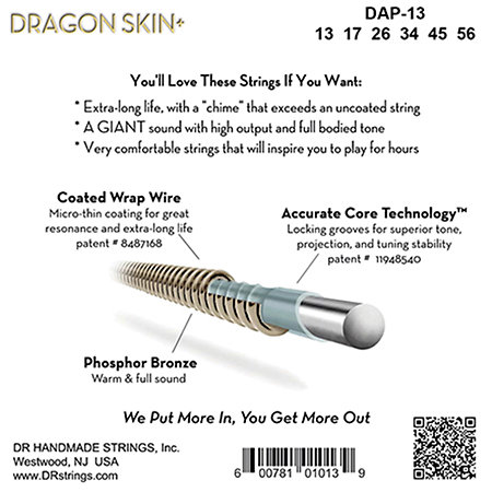 Dragon Skin+ Phosphore Bronze 6 Cordes Medium 13-56 DR Strings