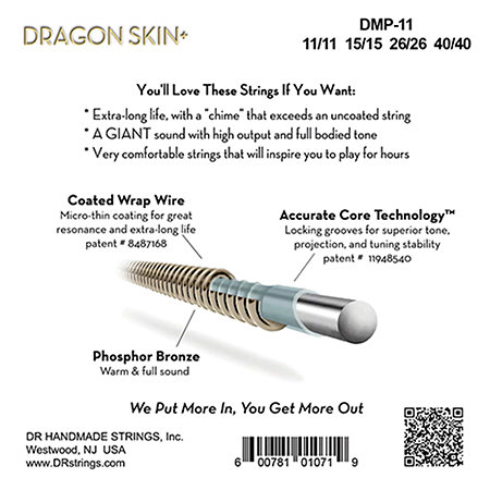 Dragon Skin+ Core Technology Coated Wrap Mandoline Medium 11-40 DR Strings