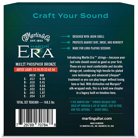 Martin Strings MJI12T Artist Light 12-54 Martin Era Jason Isbell Treated Acoustic Guitar Strings