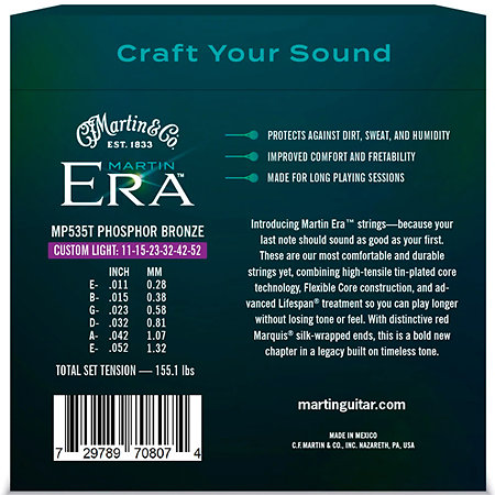 Martin Strings MP535T Custom Light 11-52 Martin Era Treated Acoustic Guitar Strings