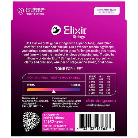 16568 Phosphor Bronze Pack de 3 11-52 Elixir