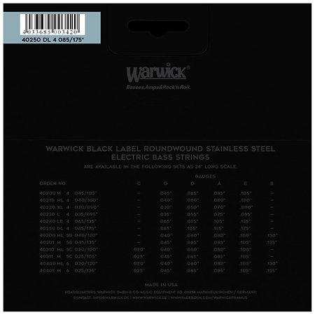 Warwick 40250 Black Label 4 Cordes Dark Lord 85-175