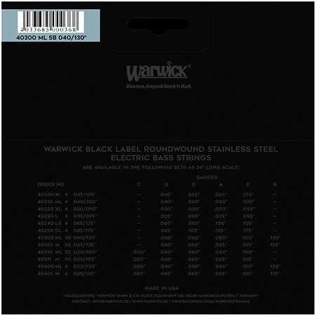 Warwick 40300 Black Label 5 Cordes Medium Light Low B 40-130