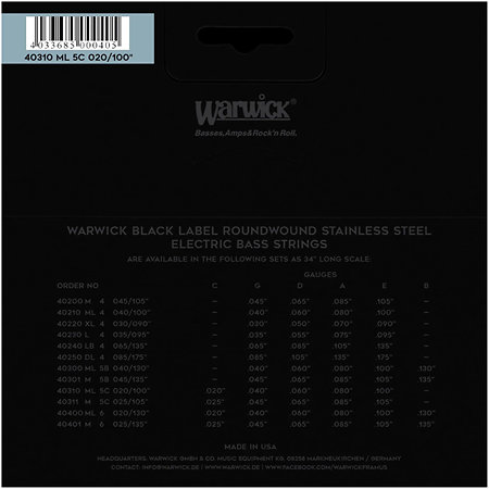 Warwick 40310 Black Label 5 Cordes Medium Light High C 20-100