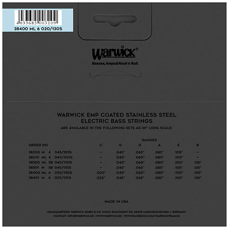 Warwick 38400 EMP Coated 6 Cordes Medium Light 20-130