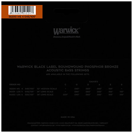 Warwick 36200 Black Label 4 Cordes Phosphor Bronze 45-105