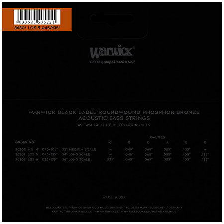Warwick 36301 Black Label 5 Cordes Phosphor Bronze 45-135