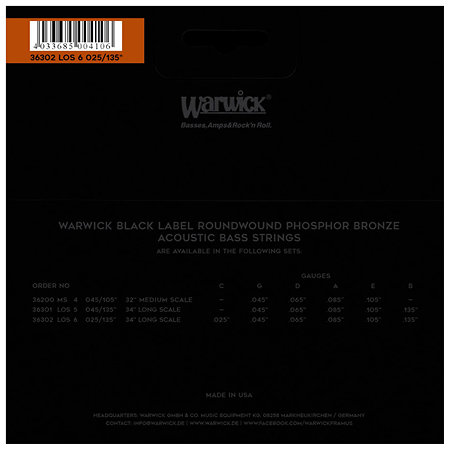 Warwick 36302 Black Label 6 Cordes Phosphor Bronze 25-135