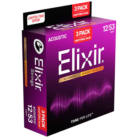 Elixir 16565 Nanoweb Bronze 80/20 12-53 Light Pack de 3