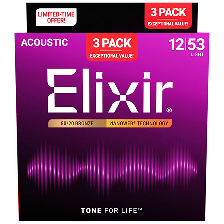Elixir 16565 Nanoweb Bronze 80/20 12-53 Light Pack de 3