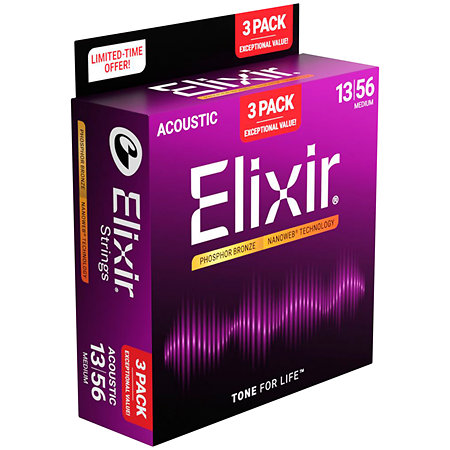 16570 Nanoweb Phosphor Bronze 13-56 Medium Pack de 3 Elixir