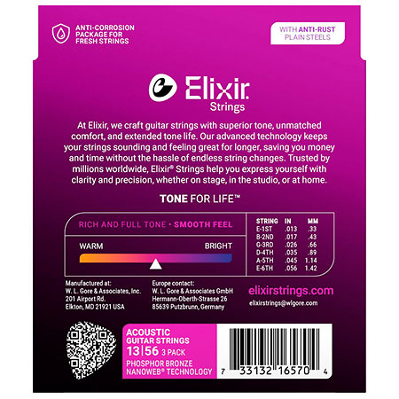 16570 Nanoweb Phosphor Bronze 13-56 Medium Pack de 3 Elixir