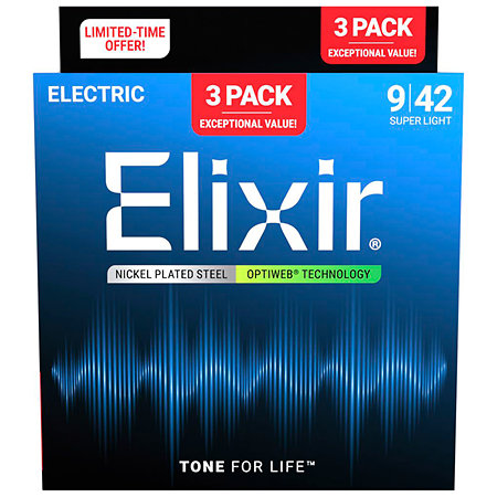16571 Optiweb Nickel Plated Steel 9-42 Extra Light Pack de 3 Elixir